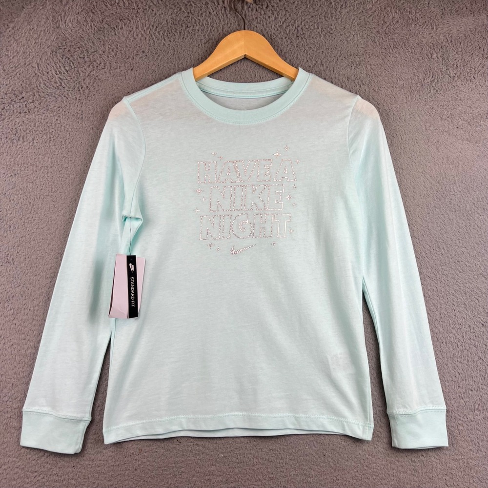 New Nike Kids Girl Mint Green Have A Nike Night Glitter Graphic Long Sleeve T M